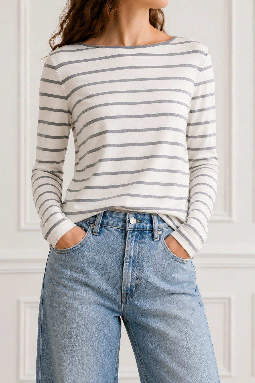 Boatneck Sweater in Heather Grey/White Stripe