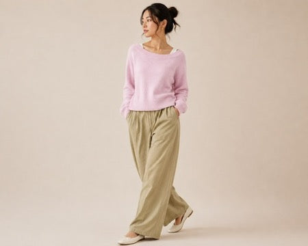 Cloud Cashmere Open Crewneck in Light Pink