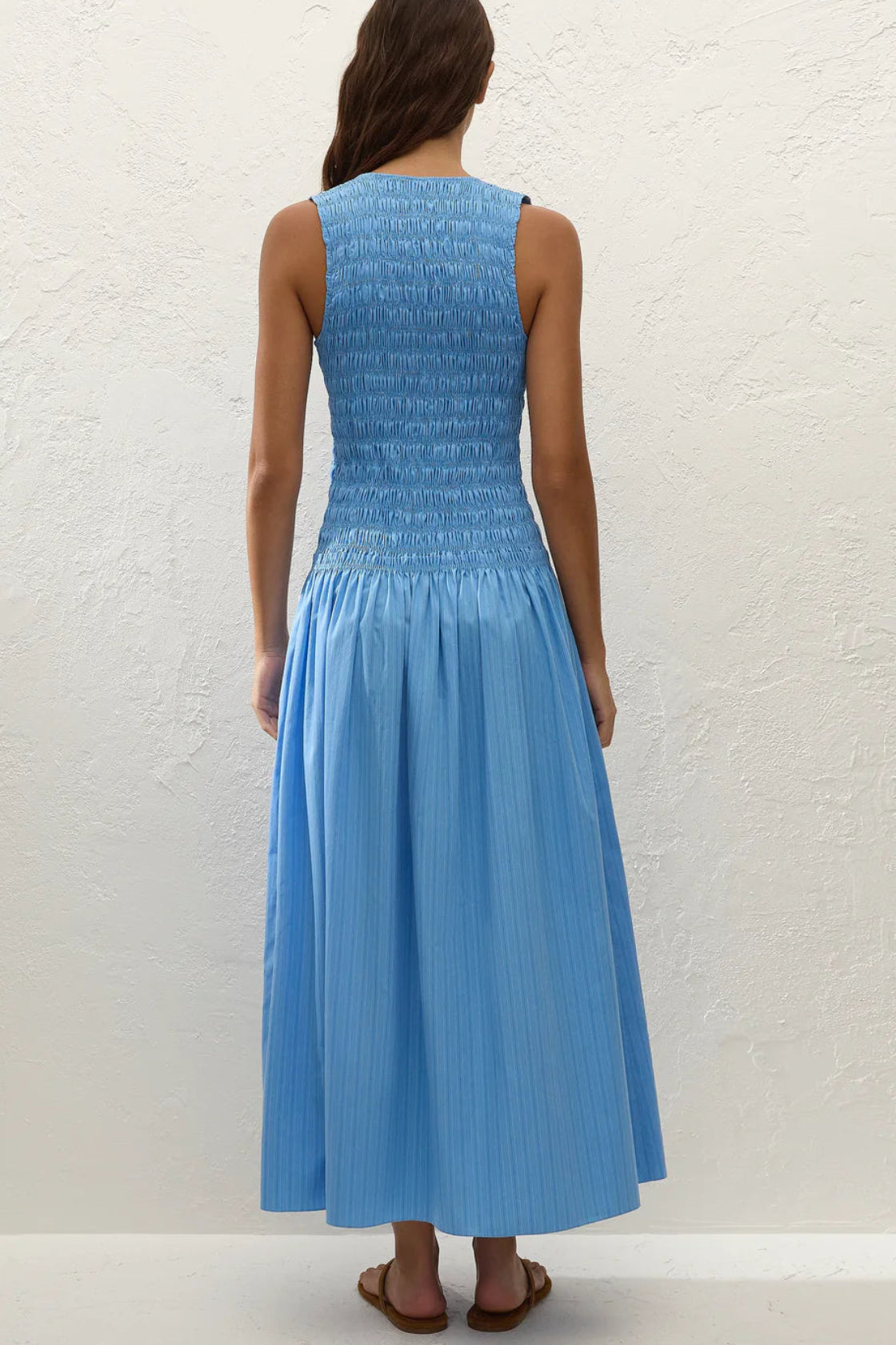 Palomar Midi Dress in Mico Pinstripe Azul