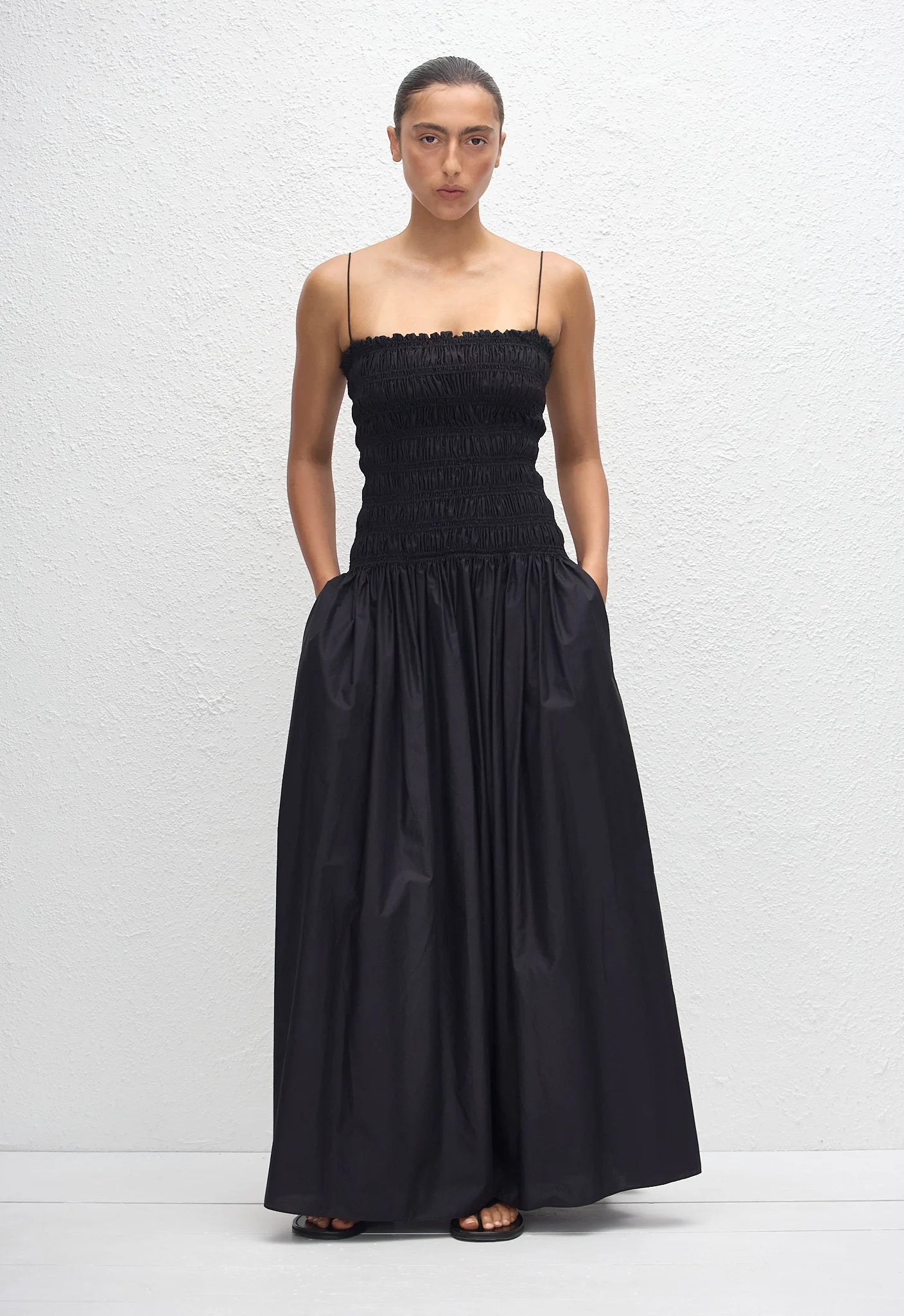 Shirred Drop Waist Dress in Black