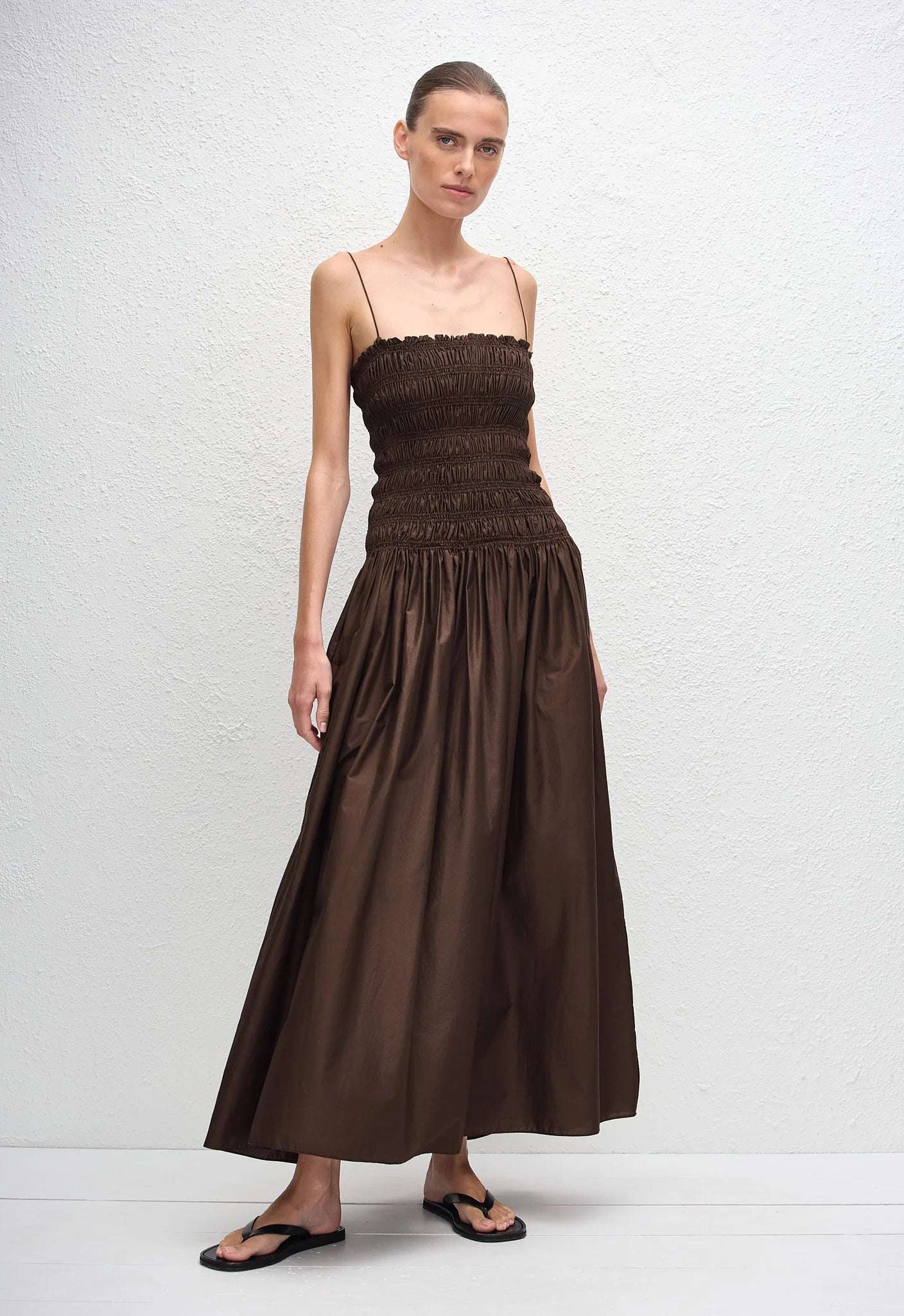 Shirred Drop Waist Dress in Chocolate
