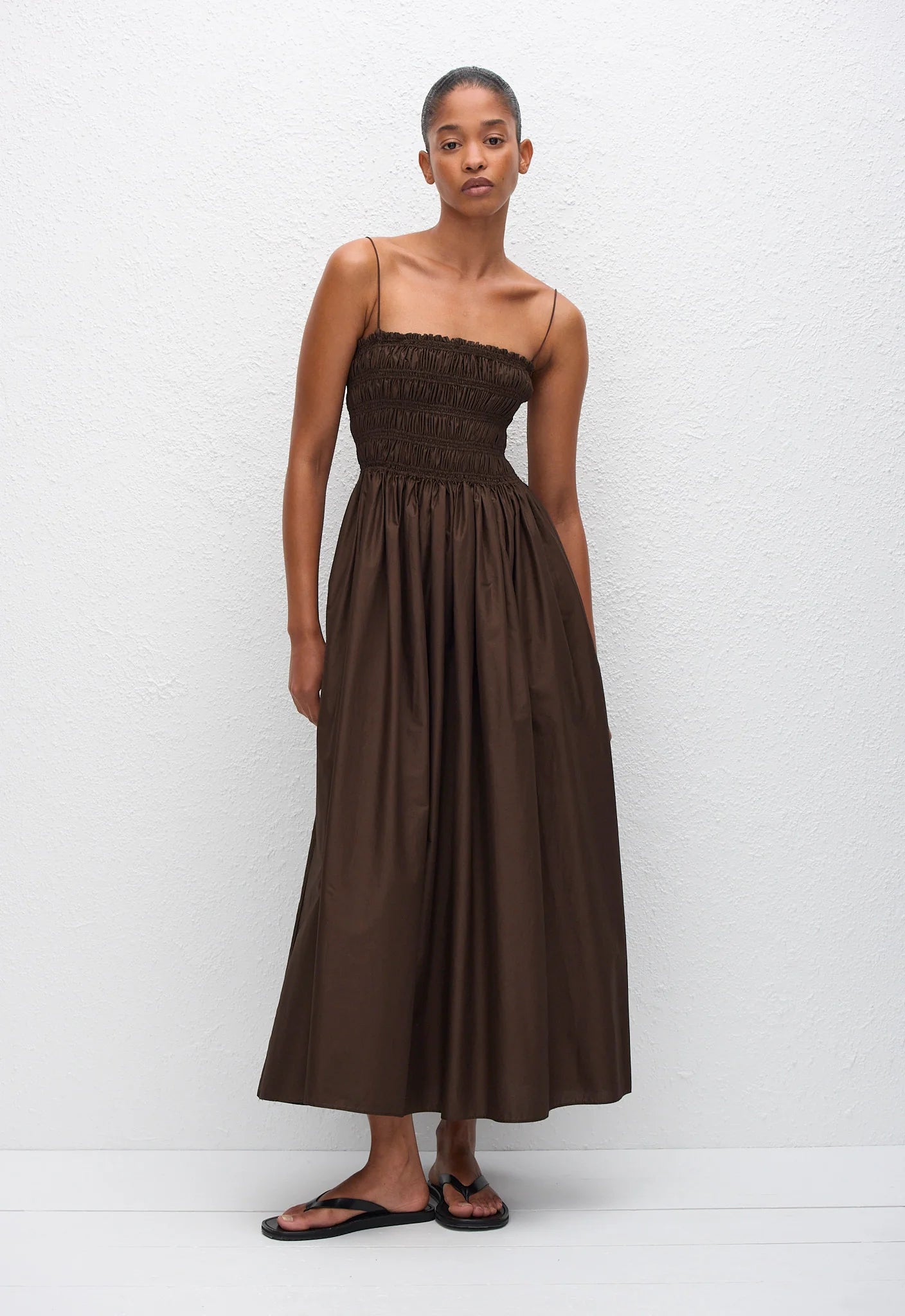 Shirred Bodice Dress in Chocolate