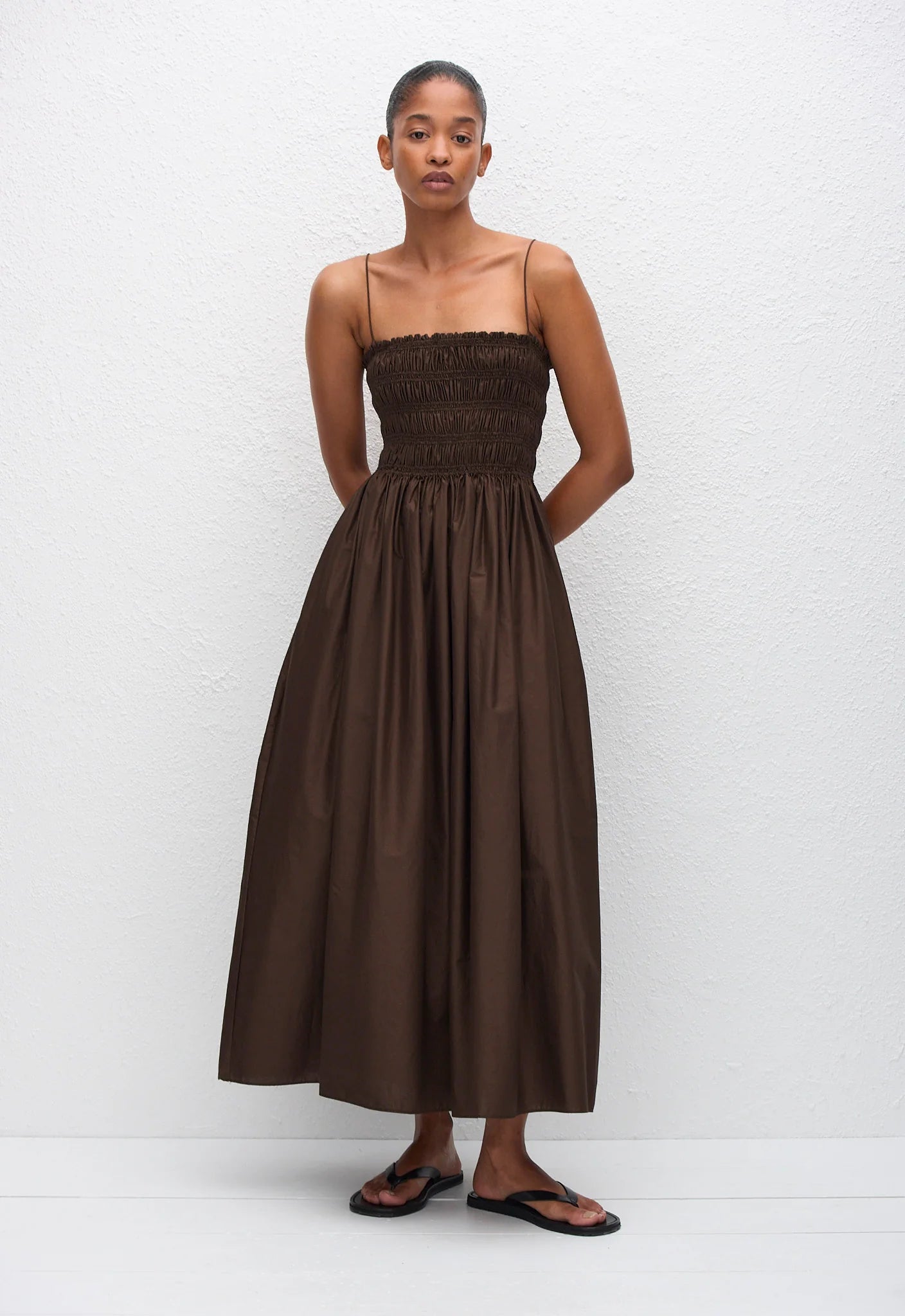 Shirred Bodice Dress in Chocolate