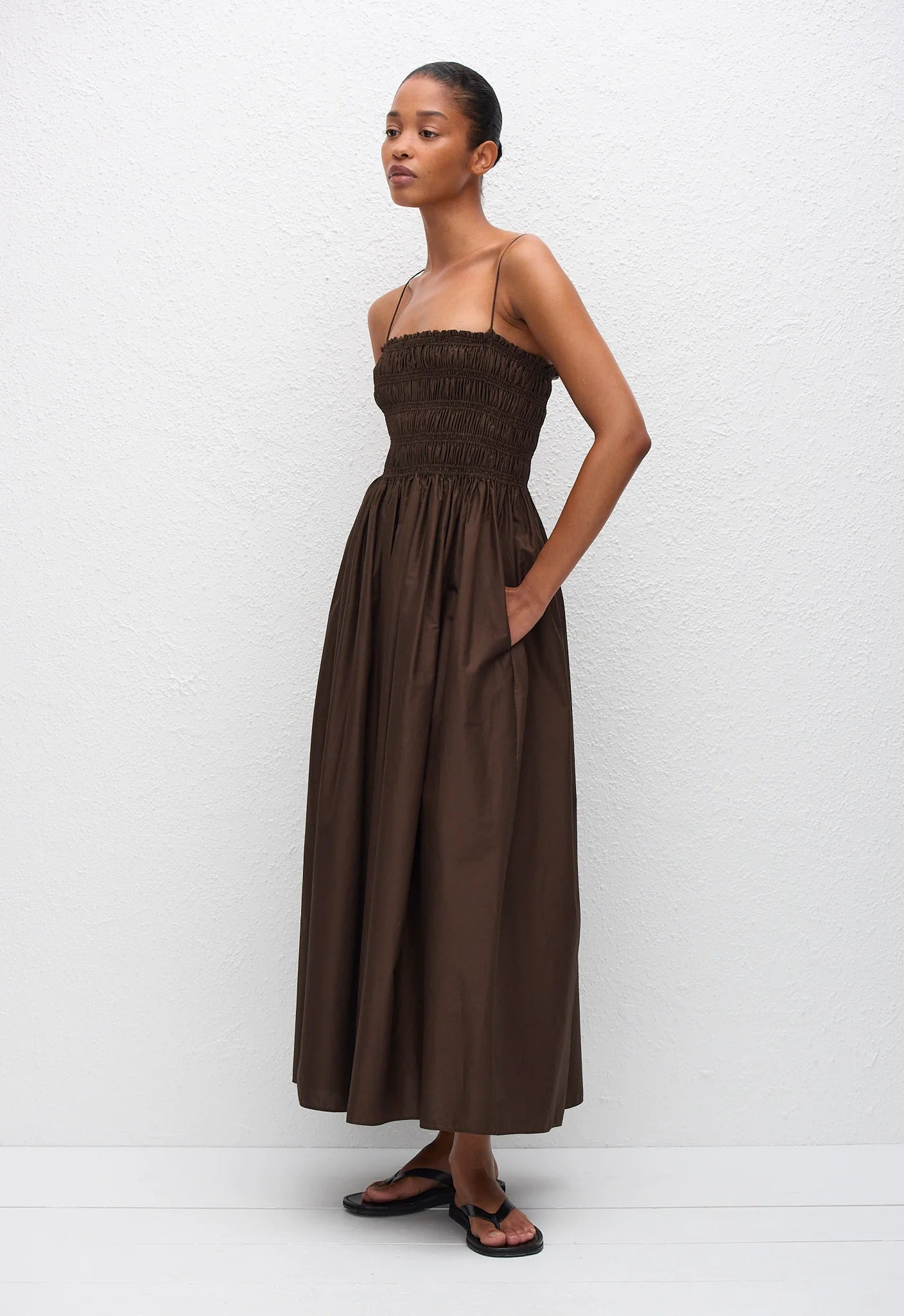 Shirred Bodice Dress in Chocolate