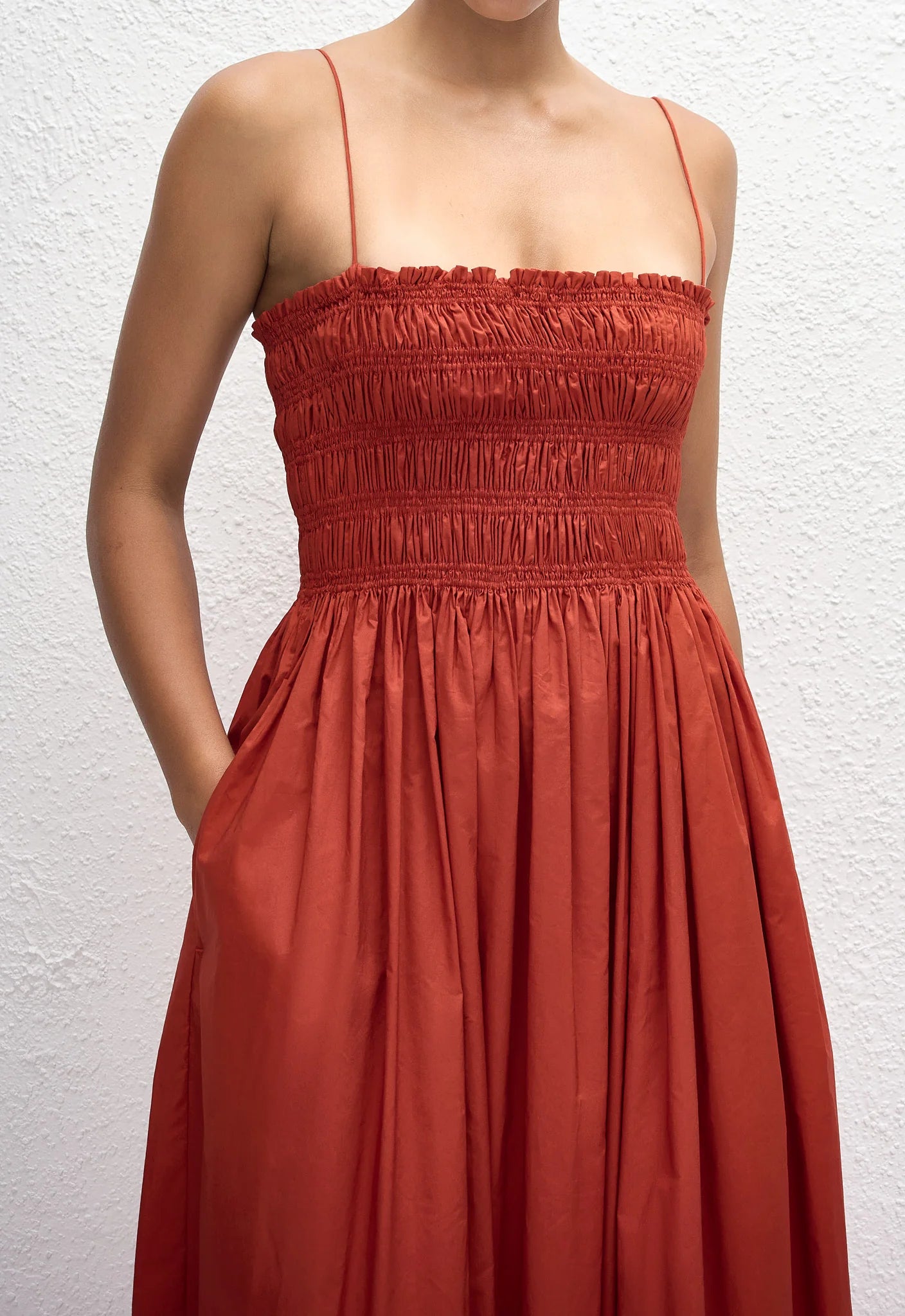 Shirred Bodice Dress in Tomato