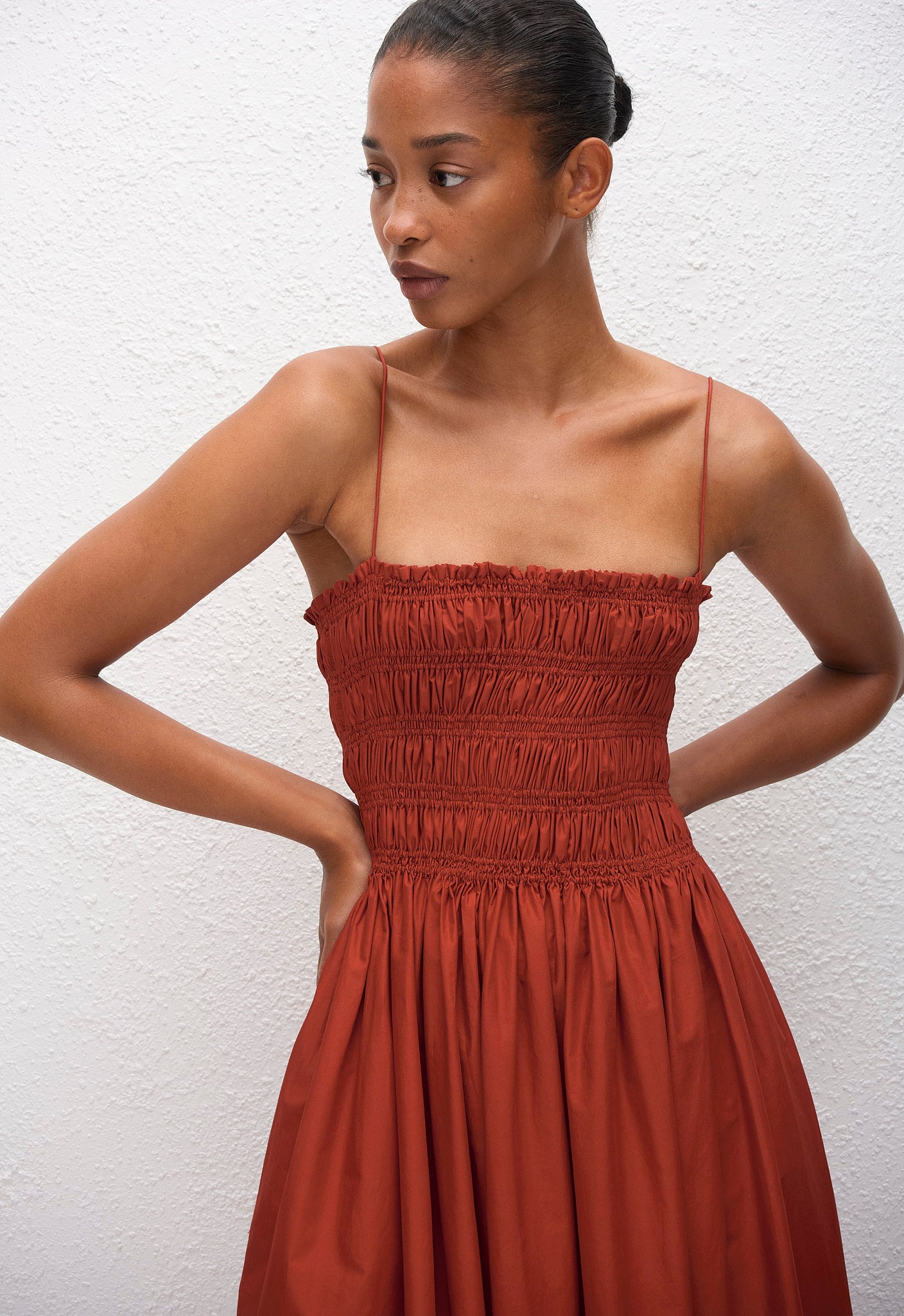 Shirred Bodice Dress in Tomato