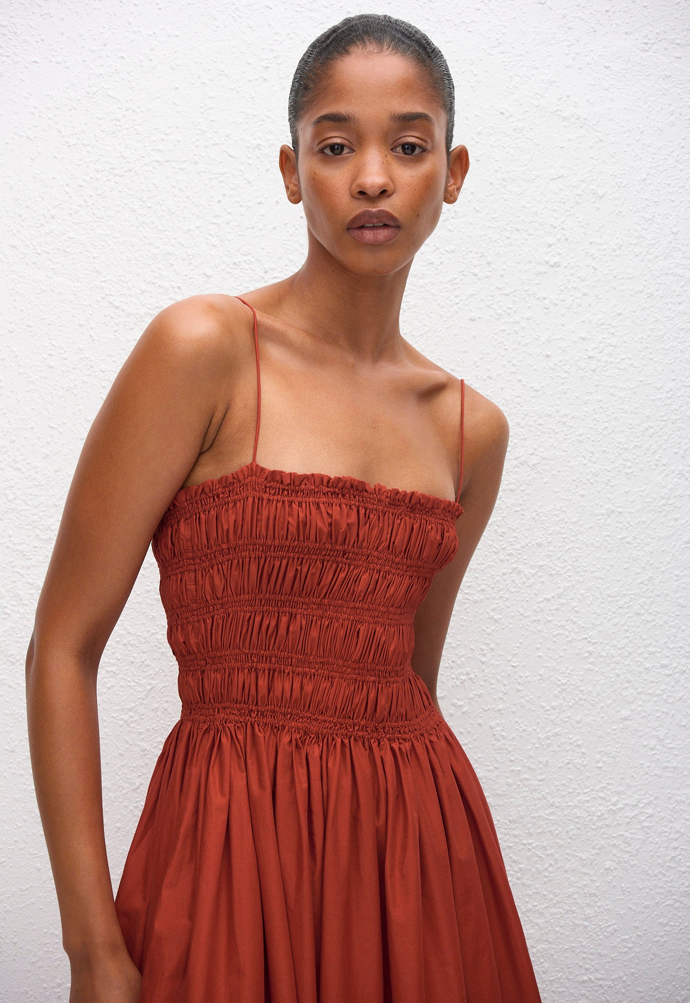 Shirred Bodice Dress in Tomato