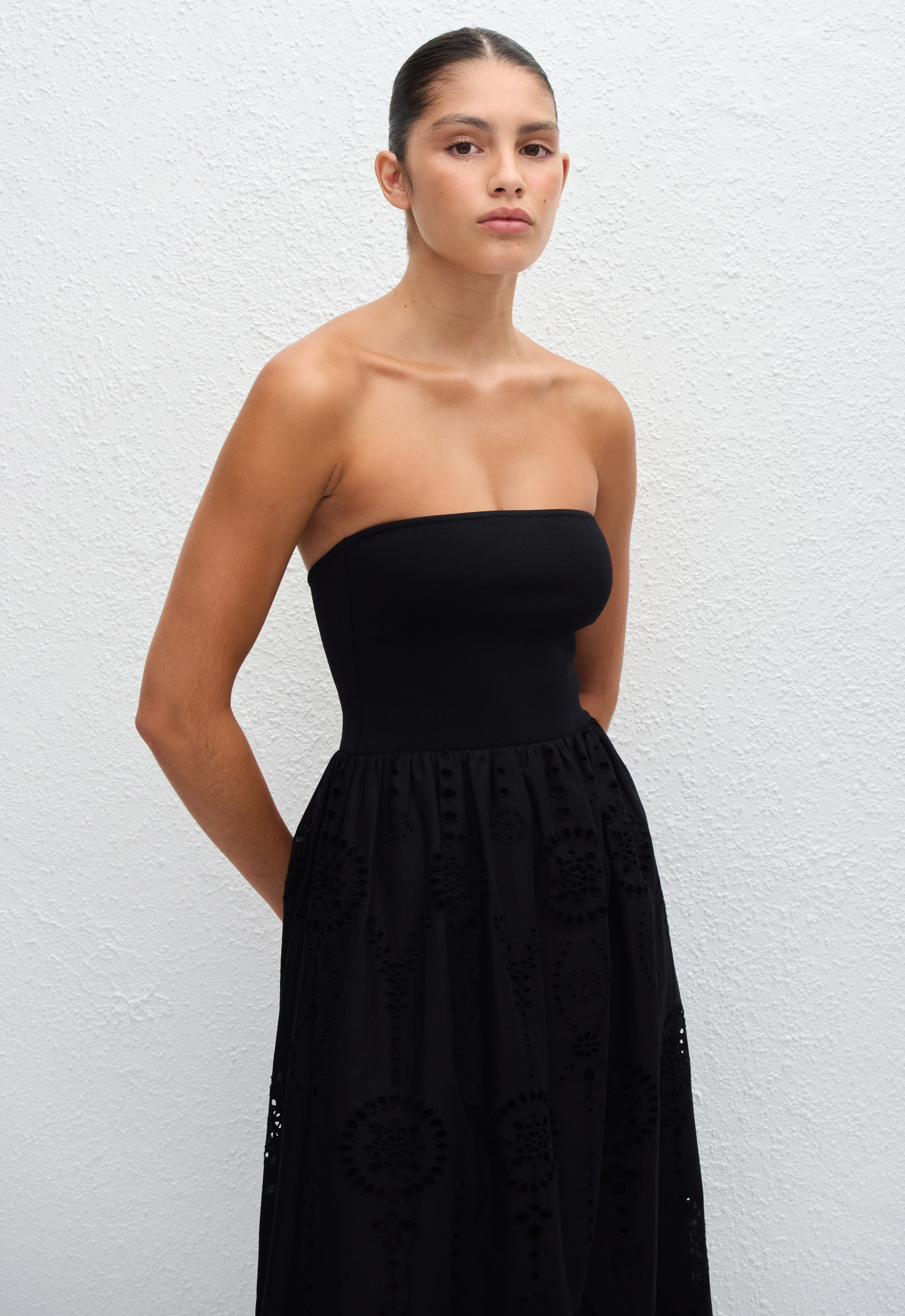 Strapless Knit and Broderie Dress in Black