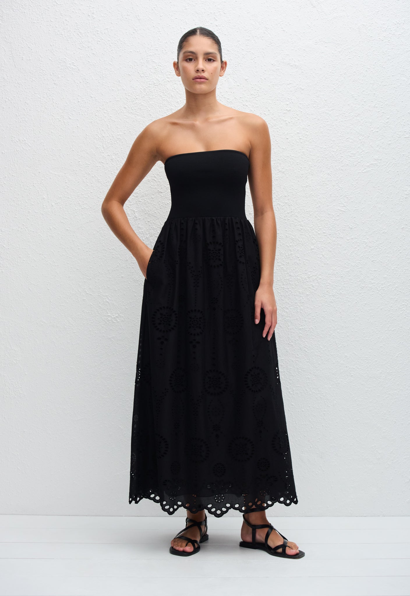 Strapless Knit and Broderie Dress in Black
