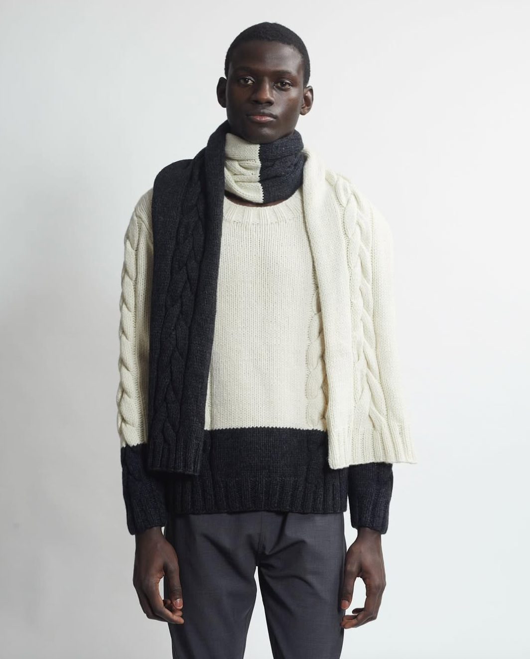 Hand Knit Cable Sweater in Ivory and Heather Charcoal