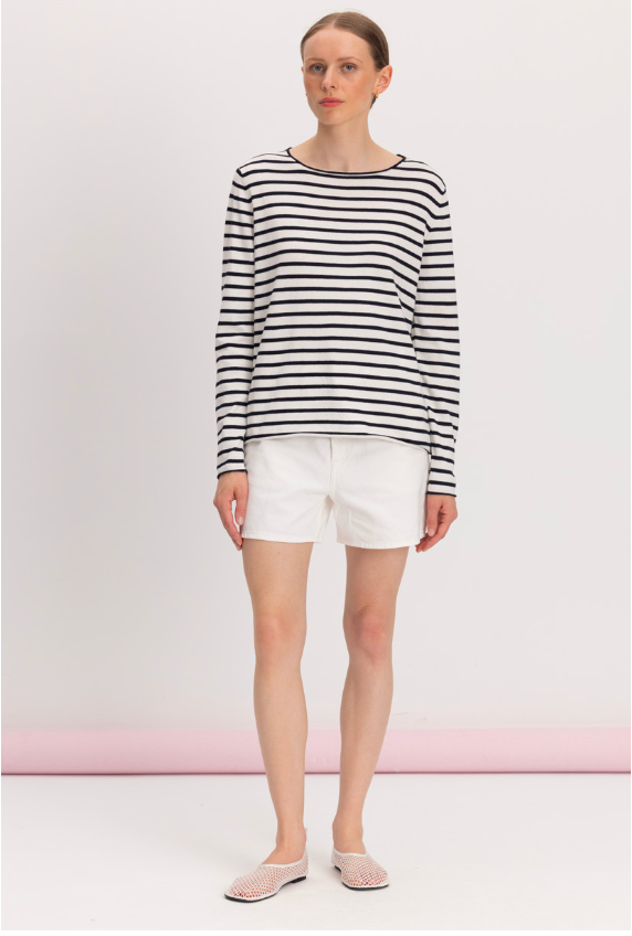 Boatneck Sweater in Heather Grey/White Stripe