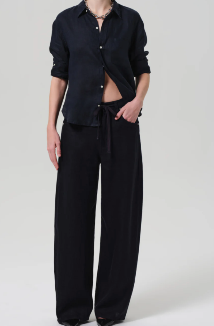 Brynn Drawstring Linen Trouser in True Navy