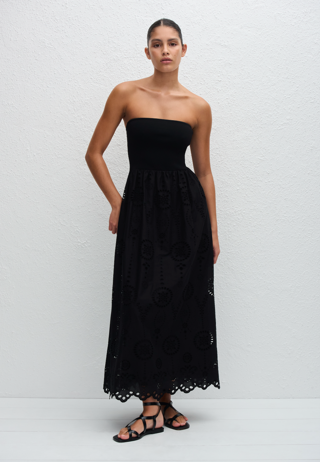 Strapless Knit and Broderie Dress in Black