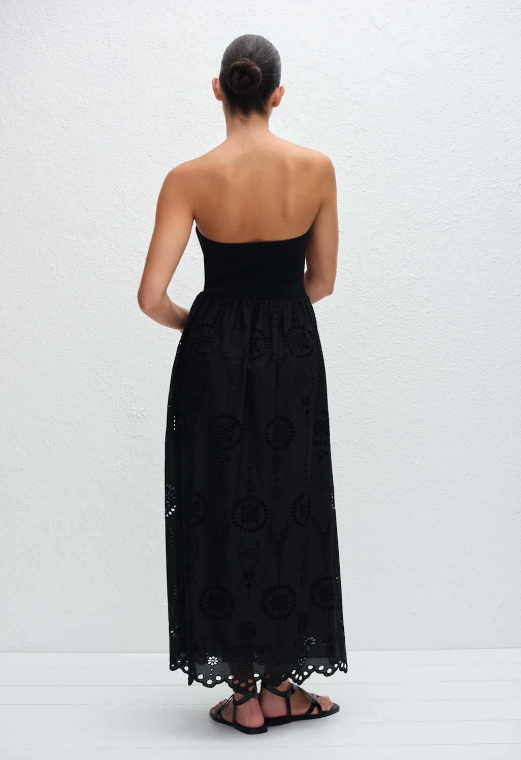 Strapless Knit and Broderie Dress in Black