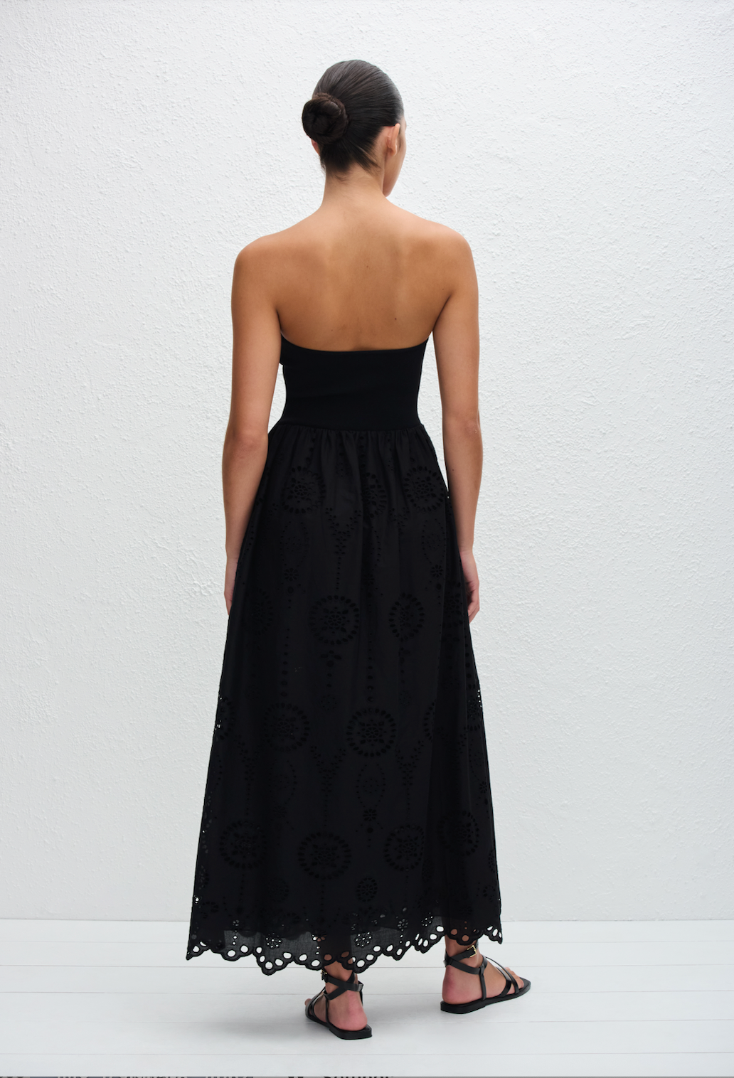 Strapless Knit and Broderie Dress in Black