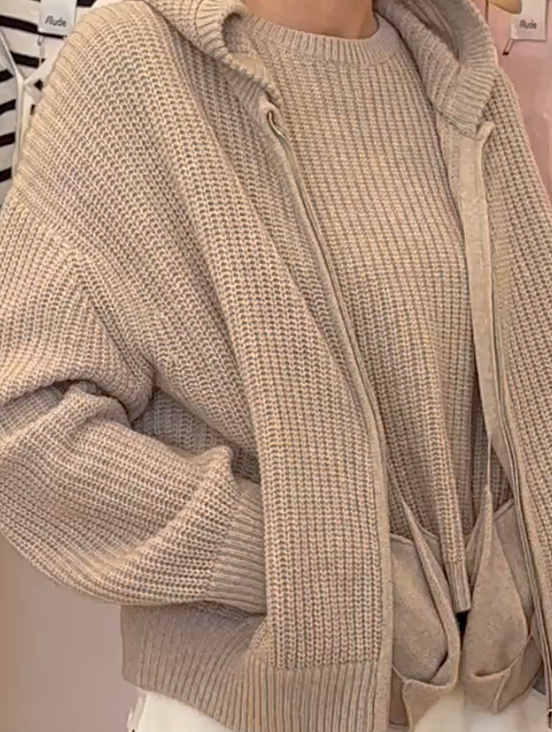 Fisherman Rib Hoodie-Cardigan in Mushroom Melange