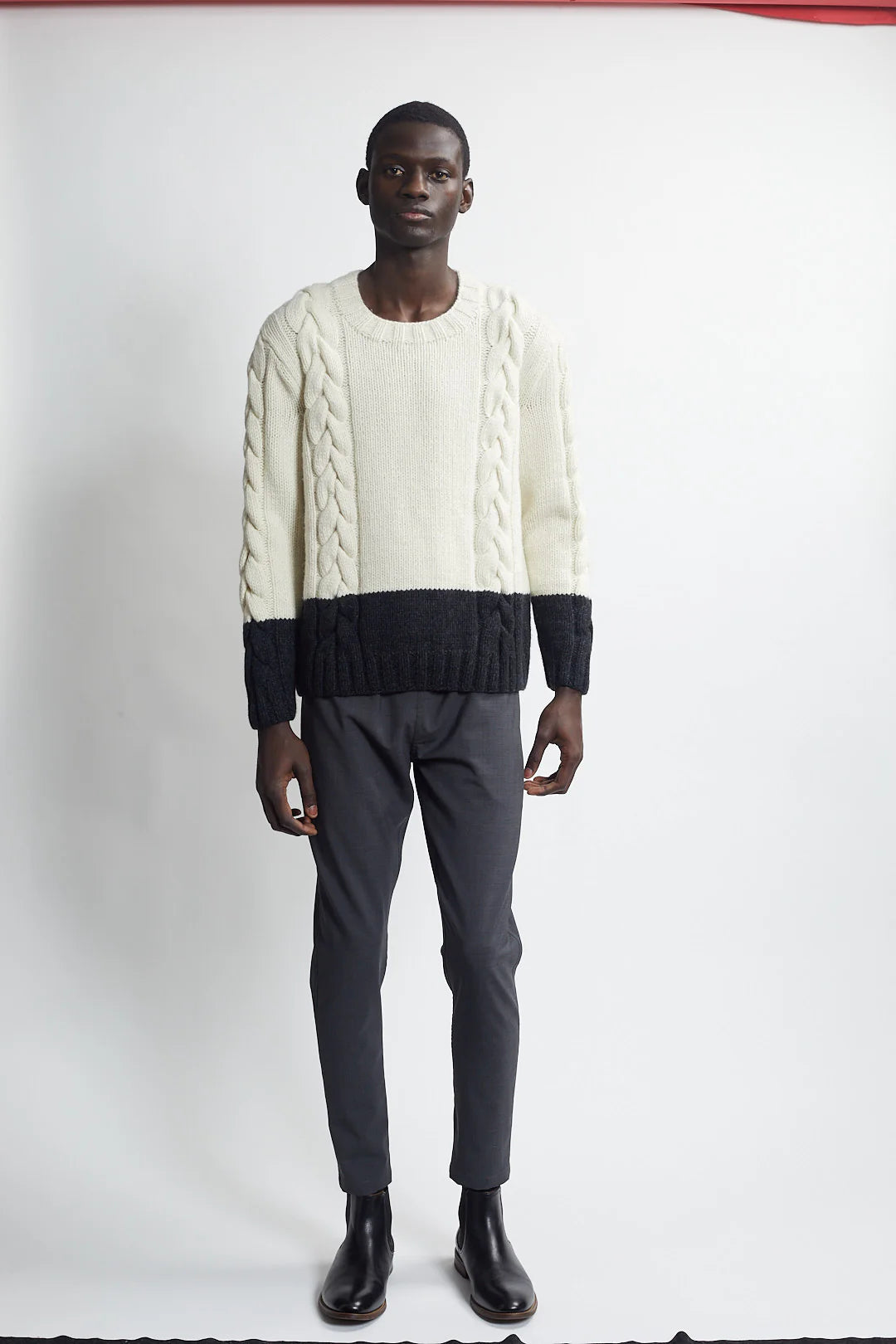 Hand Knit Cable Sweater in Ivory and Heather Charcoal