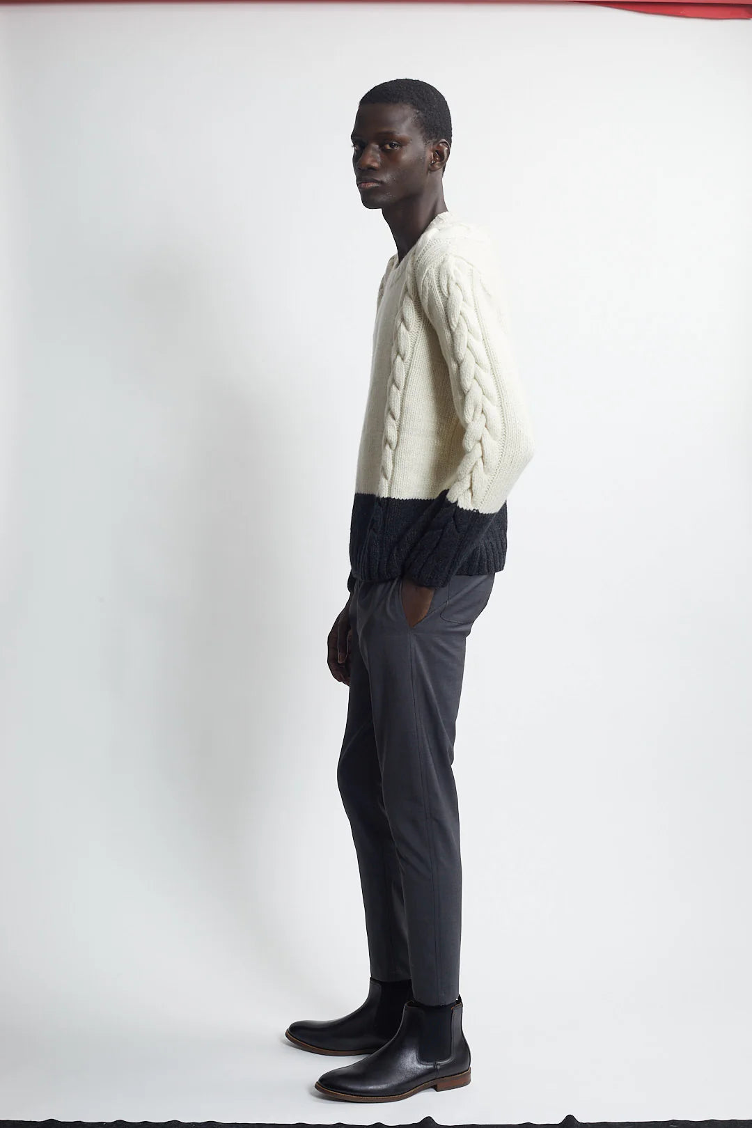 Hand Knit Cable Sweater in Ivory and Heather Charcoal