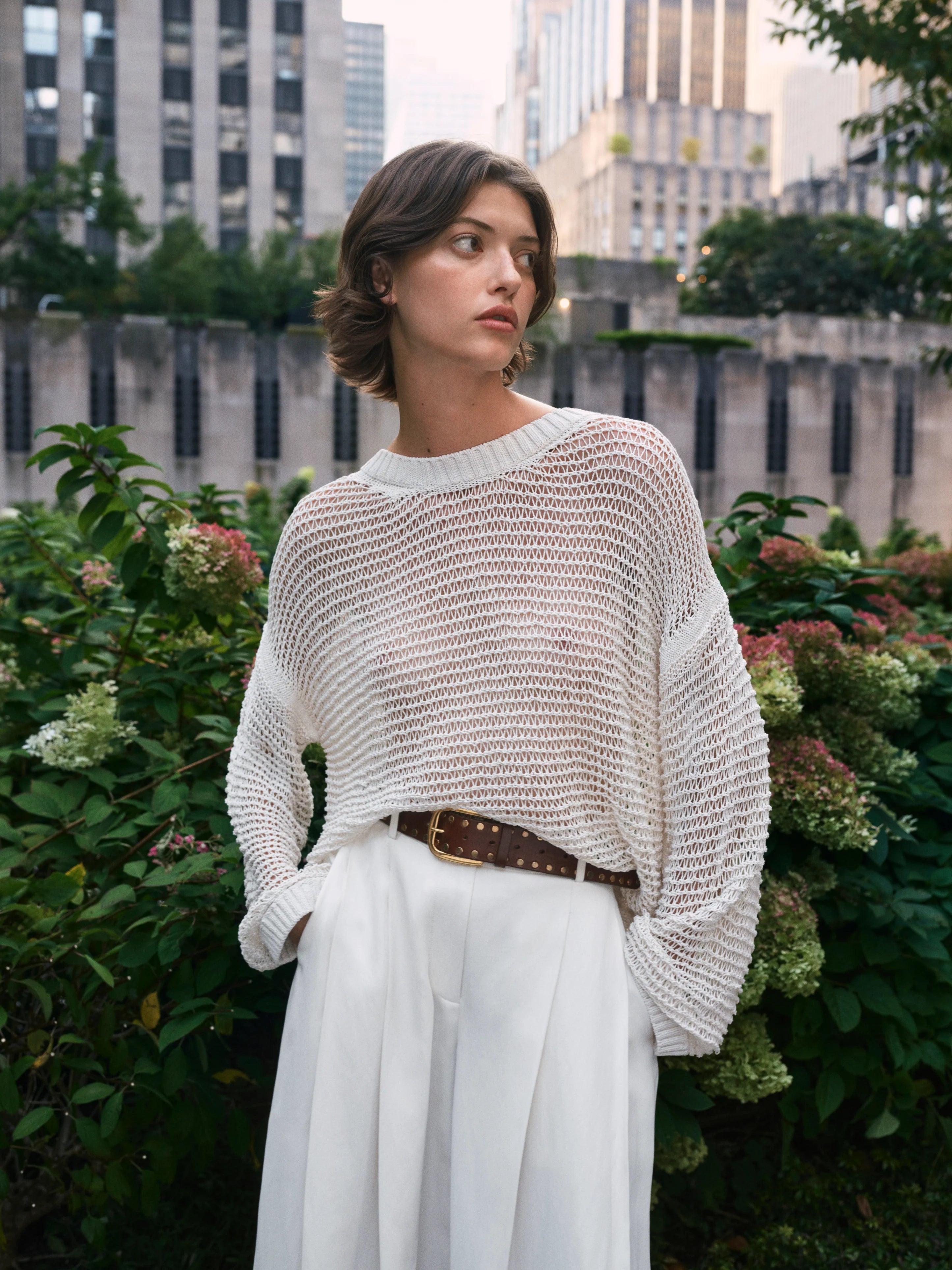 Wide Crew Long Sleeve Pullover in White