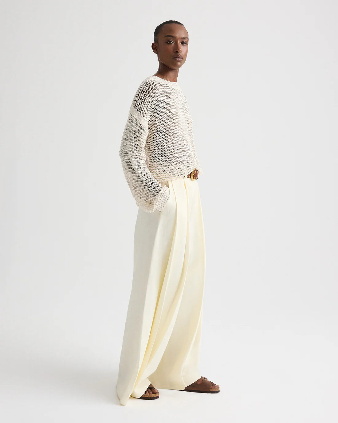 Wide Crew Long Sleeve Pullover in White