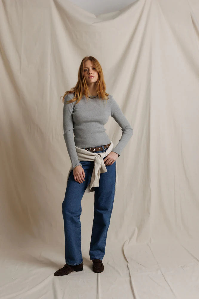 Marcela Cotton Rib Long Sleeve in Heather Grey